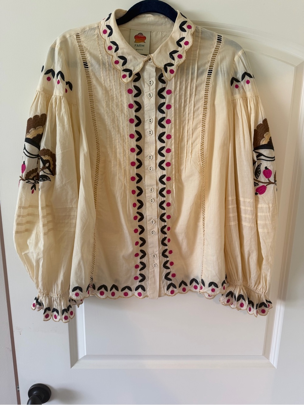 FARM Rio Cream Button-Down Blouse with Black & Pink Embroidery - Picture 10 of 10